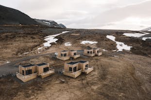 An aerial view of the Dis Cottages on the Snaefellsnes Peninsula.