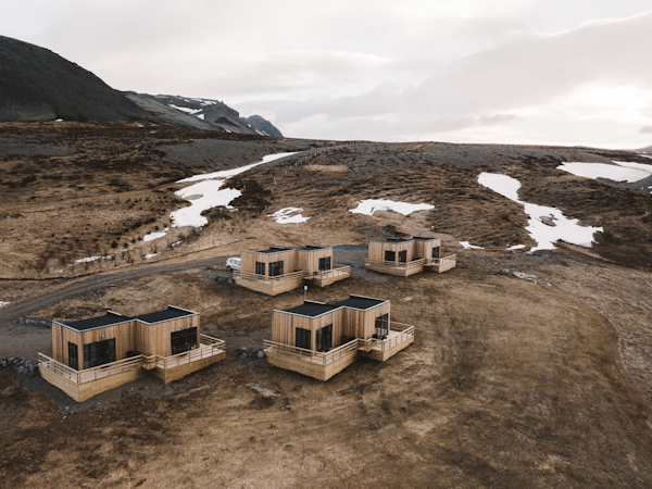 An aerial view of the Dis Cottages on the Snaefellsnes Peninsula.