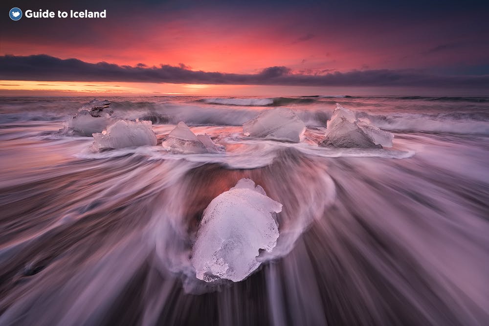 Windswept pieces of ice on the Diamond Beach, next to Jokulsarlon Glacier Lagoon in Southeast Iceland.