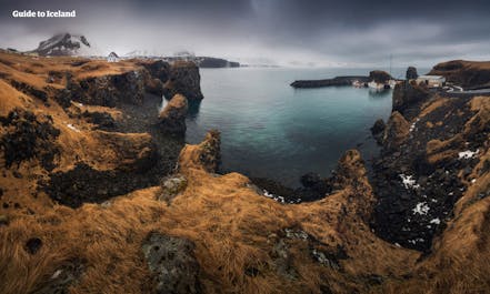 Sea cliffs in Arnarstapi, a town on the Snaefellsnes Peninsula of Iceland.