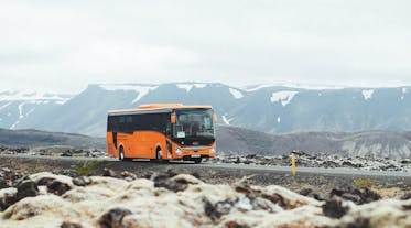 A orange bus drives on a road that passes a lava field covered in moss.