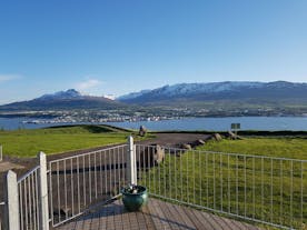 A spectacular view of the Eyjafjordur fjord from the Geldingsa Apartment.