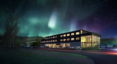 The GreenHouse Hotel in Hveragerdir, pictured under the Northern Lights.