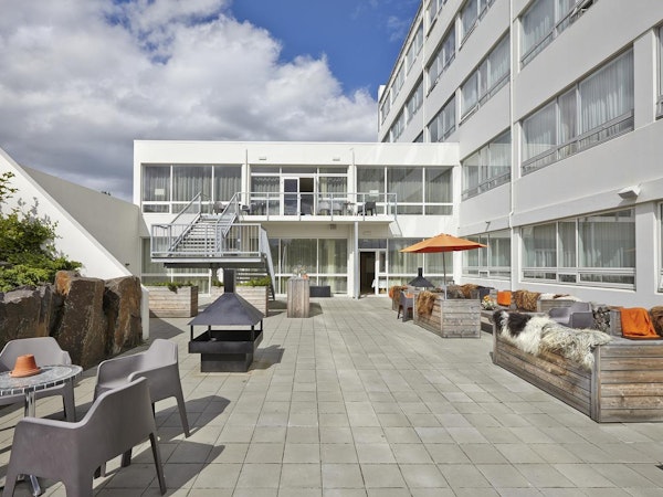 The outdoor deck of Icelandair Hotel Akureyri is a great place to relax.