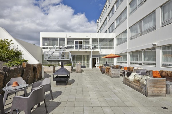 The outdoor deck of Icelandair Hotel Akureyri is a great place to relax.