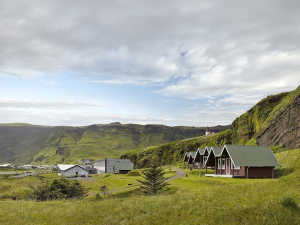 An aerial view of the Vík Cottages.