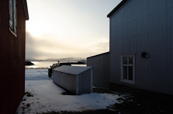 Guesthouse Holmavikur during a sunset in the Westfjords.