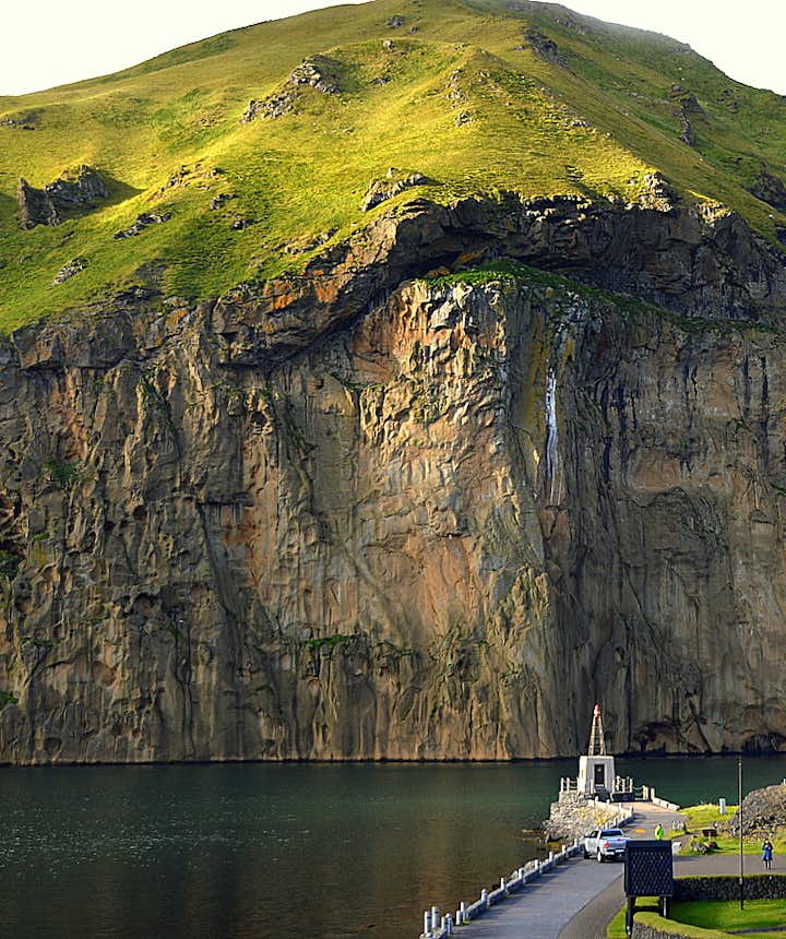 Westman Islands South-Iceland - the stave church and Heimaklettur rock