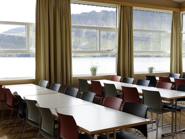 The Cliff Hotel has a beautiful dining area by a fjord.