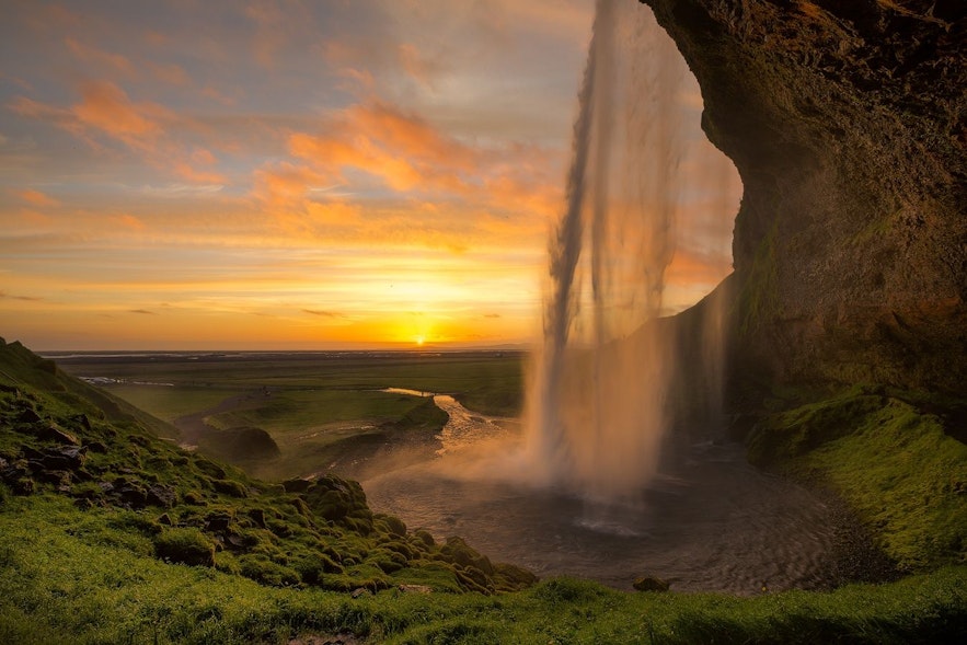 Seljalandsfoss waterfall in South Iceland at sunset