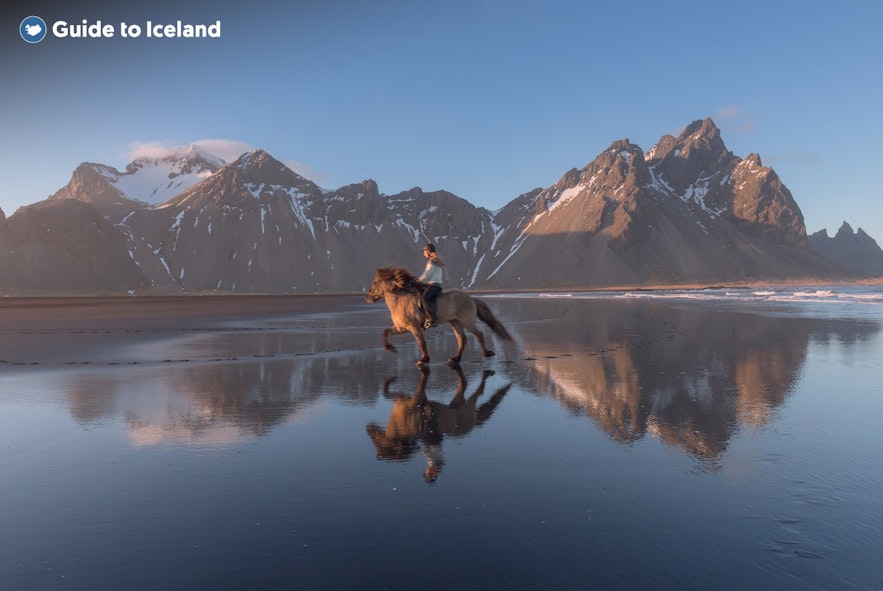 A horseback rider gallops in the shadow of Mount Vestrahorn in East Iceland.