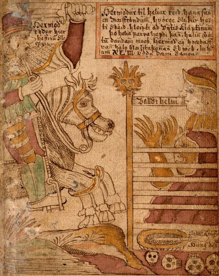 Illustration of Odin and his horse Sleipnir from an Icelandic 18th century manuscript