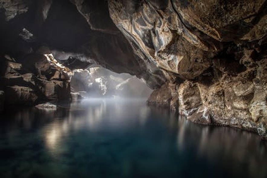 Grjotagja is a cave with stunning blue water near Lake Myvatn in north Iceland