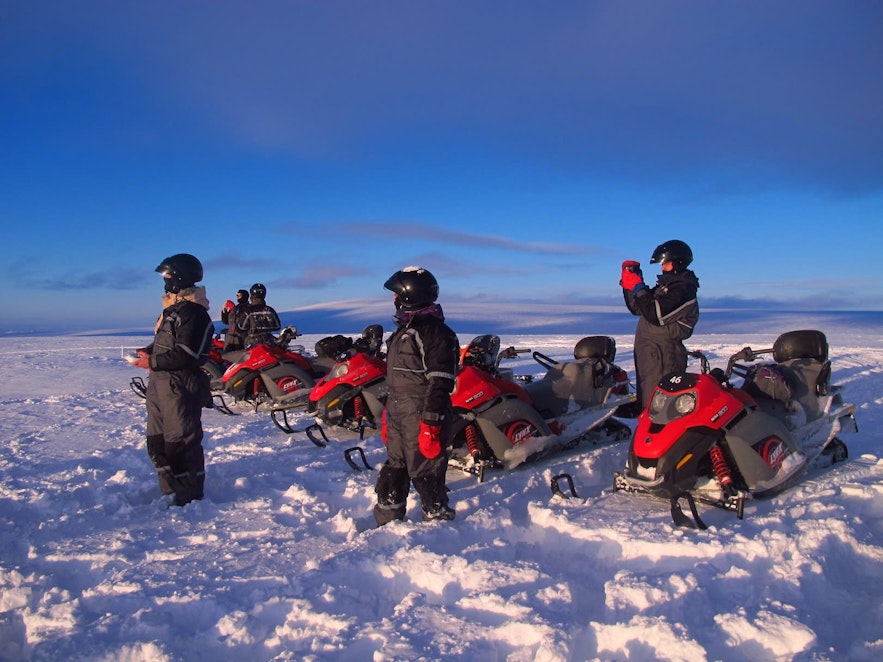 Snowmobiles in Iceland can be ridden individually or in pairs.