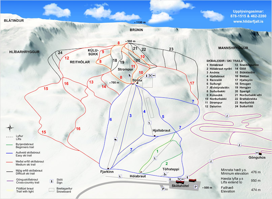 A map of the Hlidarfjall ski resort.