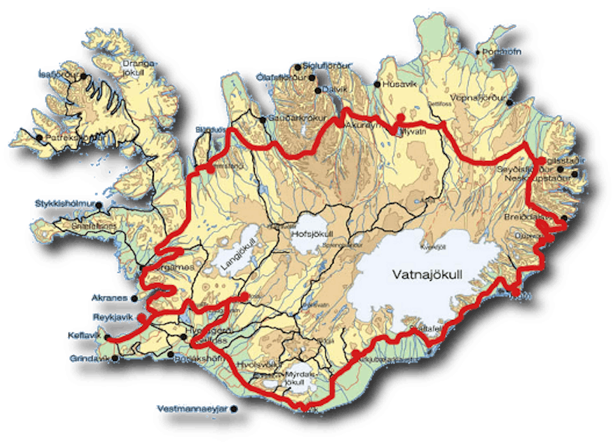 A map of the Ring Road (Route 1) of Iceland