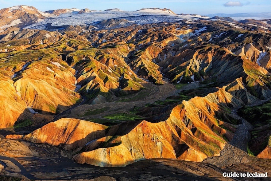 An aerial perspective over the Central Highlands of Iceland.