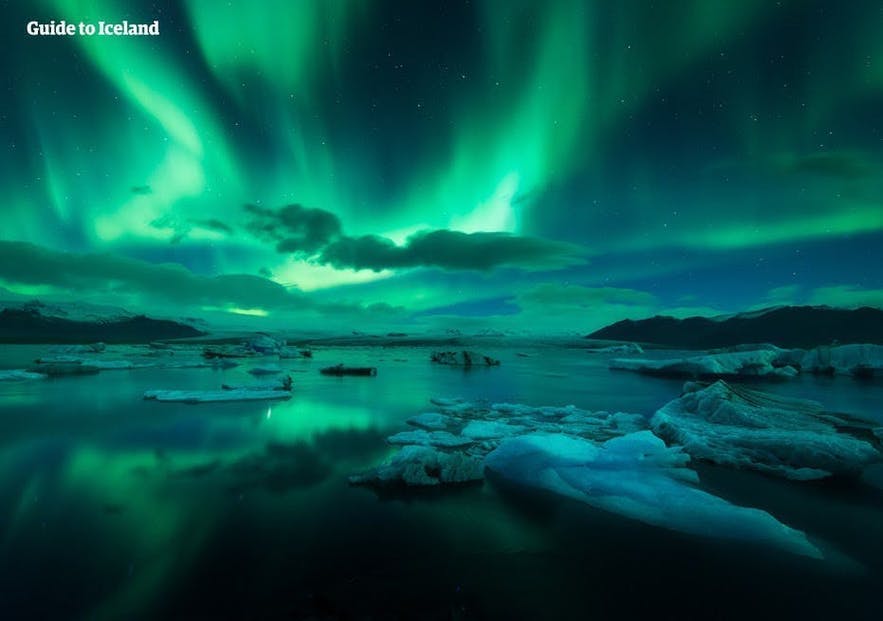 Jokulsarlon glacier lagoon under the Northern Lights. No city light or crowds to disturb the magical experience.