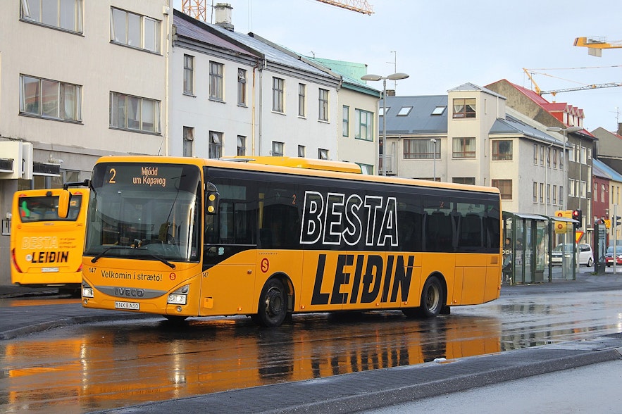 A bus travelling in Reykjavik.