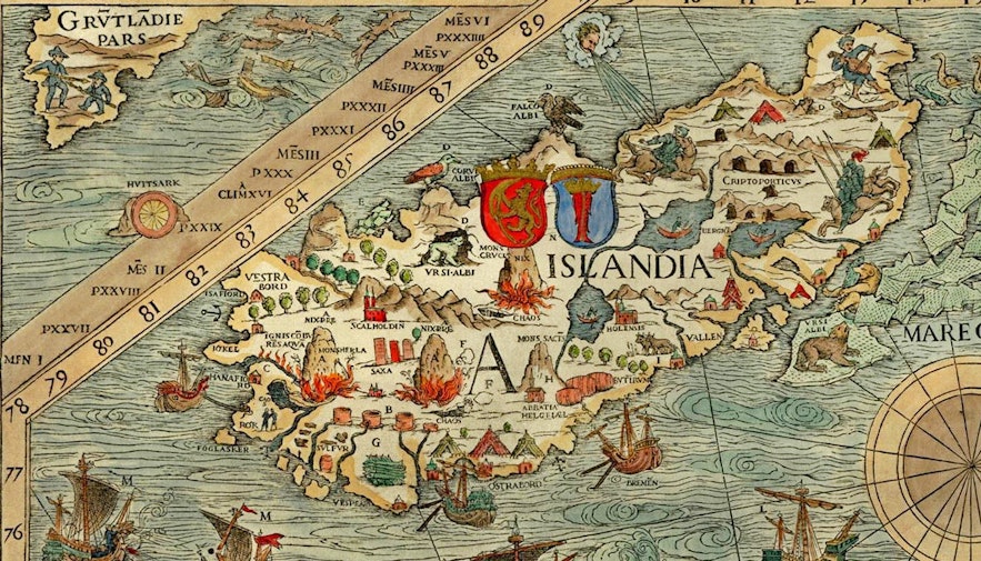 연안에 배가 항해하는 그림이 포함된 아이슬란드의 오래된 지도