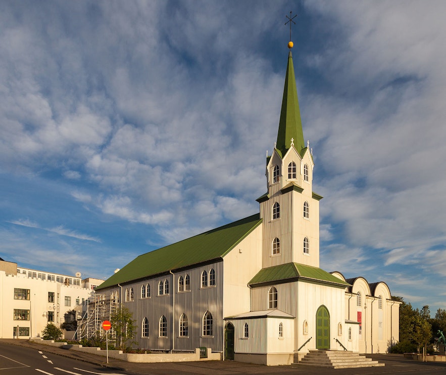 The church differs from most of its Icelandic counterparts in having a green roof, instead of the standard red