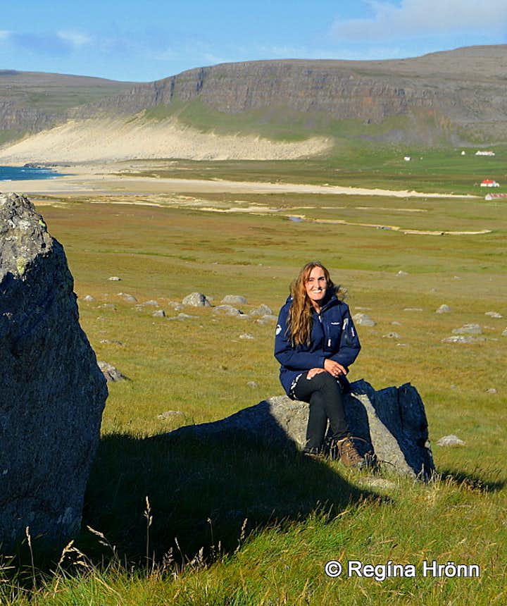 Regína by Strýtusteinn rock, the dwellings of the hidden people of Iceland
