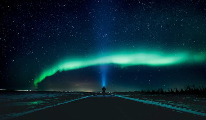 The Northern Lights arch over a road in Reykjavik.