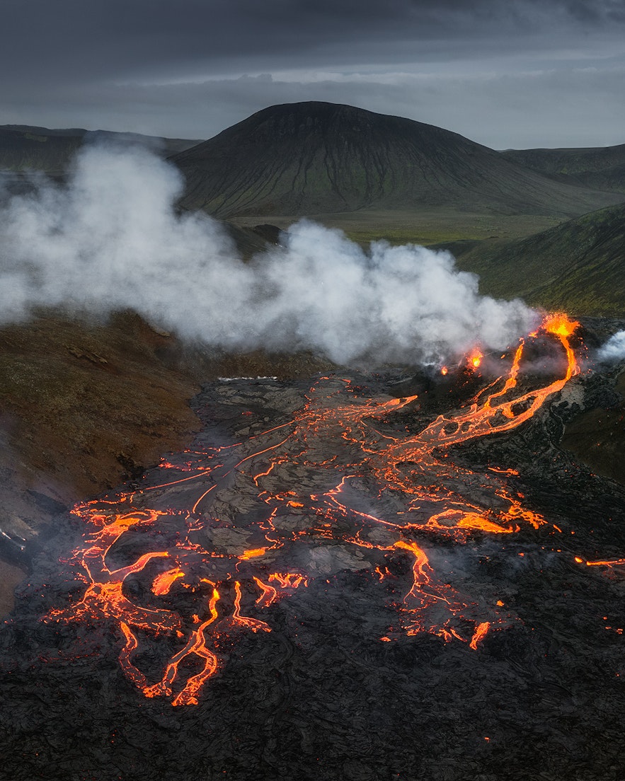 Lava bursts from Geldingadalur in Iceland.