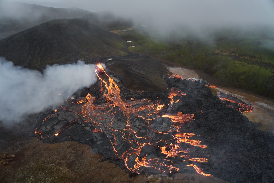 An overhead shot of the glowing lava field of Fagradalsfjall during its 2021 eruption.
