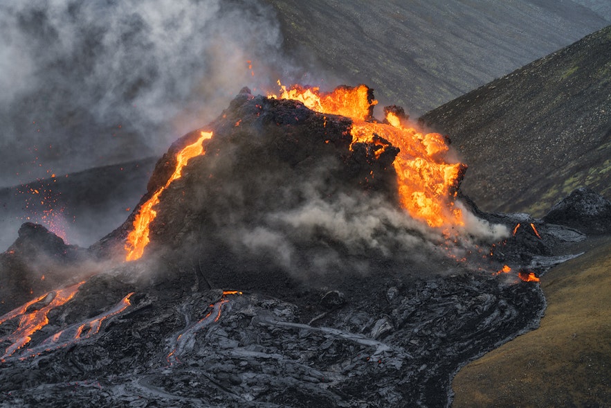 A surge of lava shatters the crater at Fagradalsfjall.