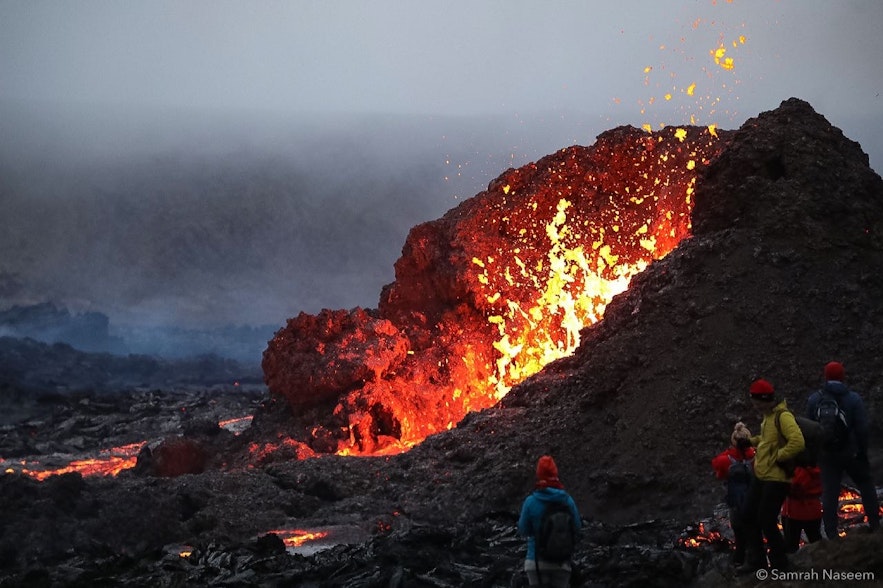 Fire bursts from a crater at Geldingadalur volcano in Iceland