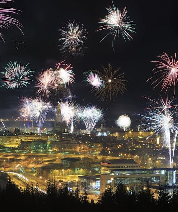 New Year fireworks burst over Reykjavik.
