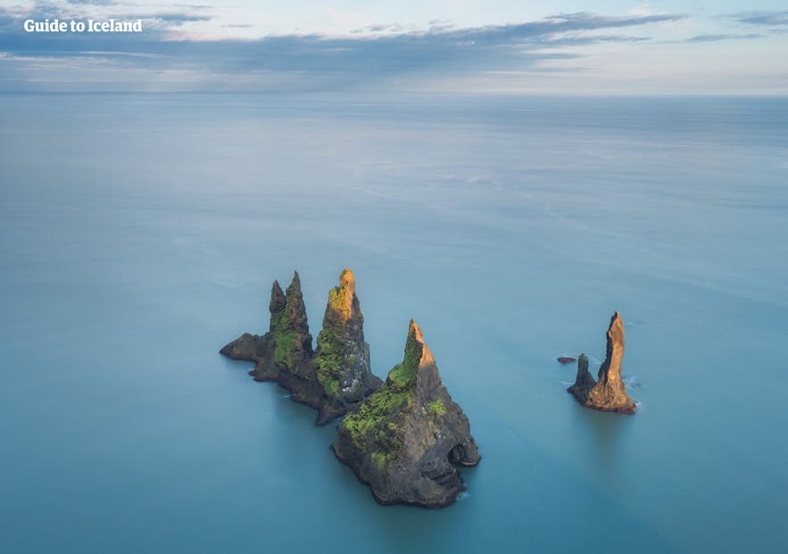 Reynisdrangar sea stacks as seen from the ocean.