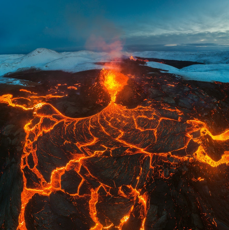 Fire bursts from a crater in the volcanic Geldingadalur area of Iceland.