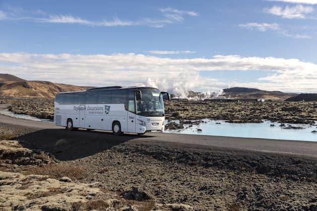 Ein Reisebus kommt an der Blauen Lagune an.