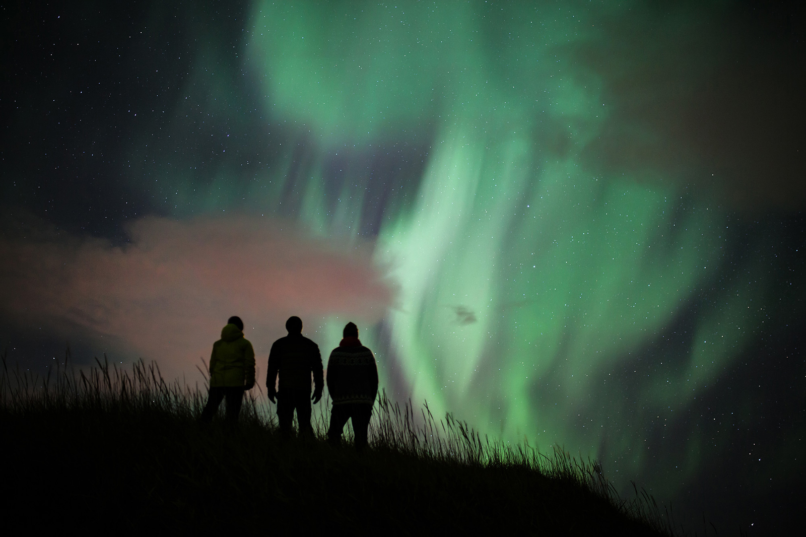 Silhouettes of people watching the aurora borealis.