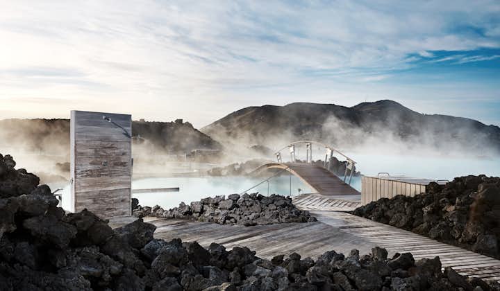 Mist rises from the Blue Lagoon.
