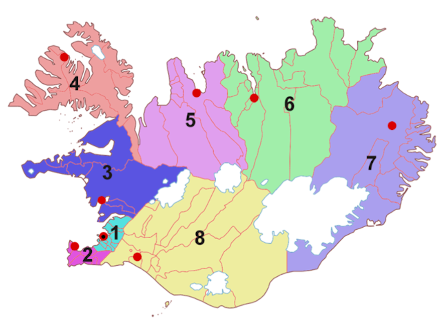 Mapa de las Regiones de Islandia