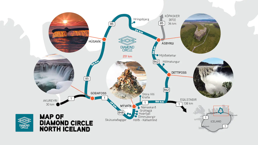 Mapa del Círculo de Diamantes en el Norte de Islandia