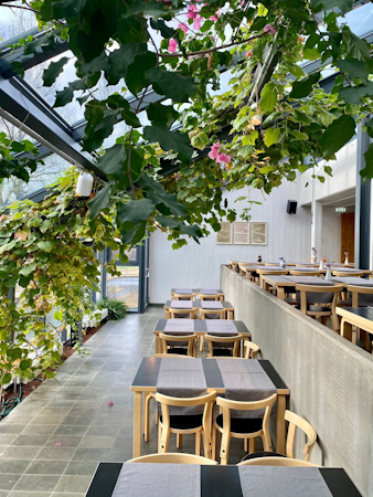 Dining area with overhead greenery at Hotel Skalholt.