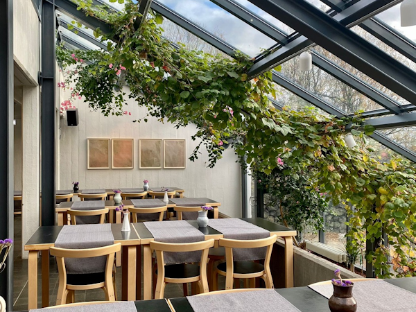 Dining space with overhead windows and greenery at Hotel Skalholt.