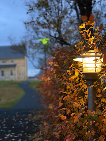 Close-up view of a garden light surrounded by autumn foliage outside Hotel Skalholt.