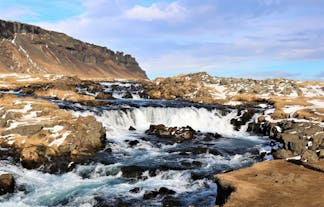 Barnafoss waterfall in West Iceland, flowing quickly down over the rocks.