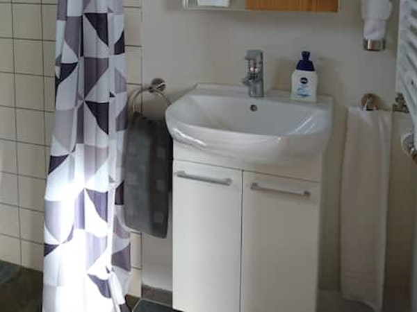 A basin and shower curtain in a bathroom at Fossatun Country Hotel.