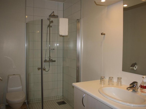 Hotel Borgarnes glass shower and sink.