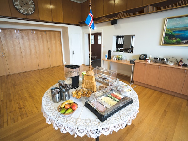Breakfast buffet at Hotel Skulagardur with Icelandic flag.