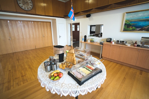 Breakfast buffet at Hotel Skulagardur with Icelandic flag.
