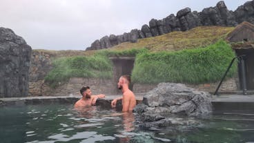 Relaxing at the newest Icelandic spa experience in Sky Lagoon near Reykjavik.