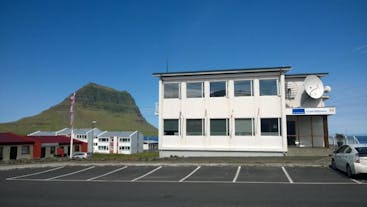 Front view of the Old Post Office Guesthouse in Grundarfjordur, Iceland.
