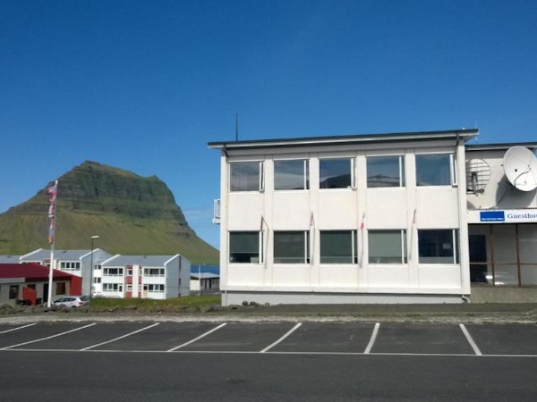 Front view of the Old Post Office Guesthouse in Grundarfjordur, Iceland.